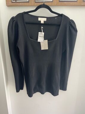 Nordstrom Black Ribbed Square Neck Long Sleeve Top